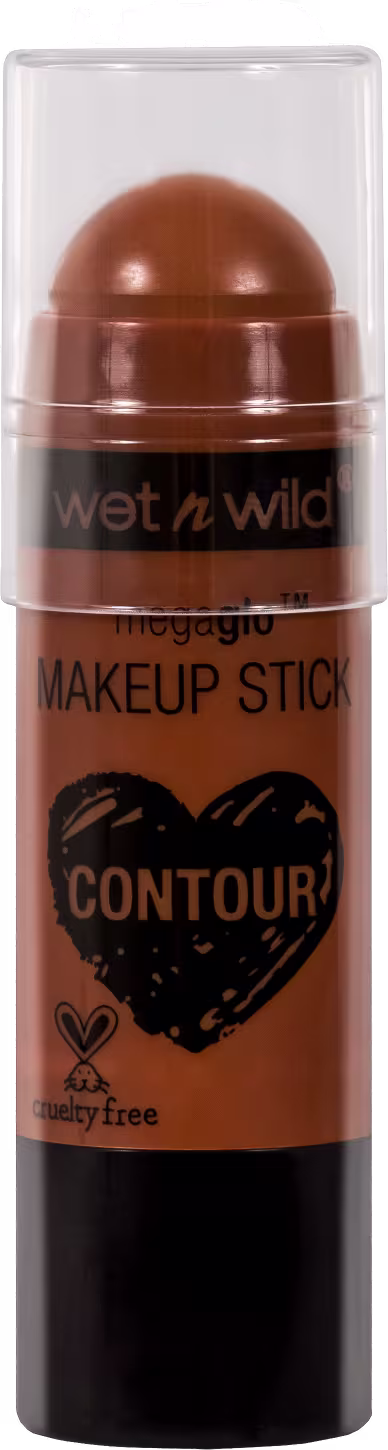 A imagem mostra um bastão de maquiagem contorno da marca Wet n Wild. A embalagem é transparente, permitindo ver o produto, e tem o logotipo e informações da marca impressos.