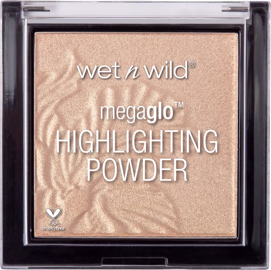 A imagem mostra um produto de maquiagem da marca Wet n Wild. É um iluminador em pó compacto chamado "Megaglo Highlighting Powder".