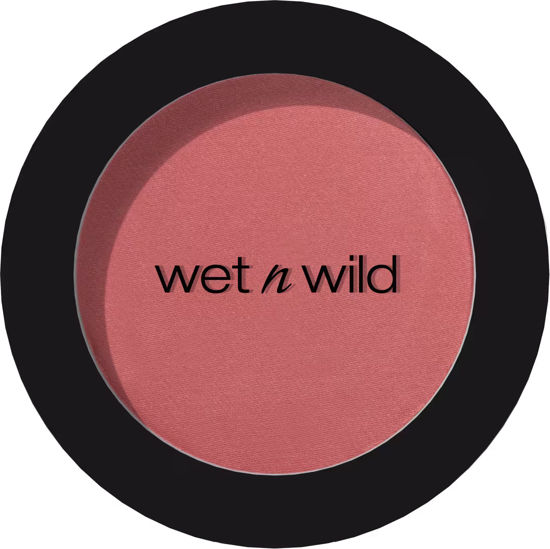 A imagem mostra um blush compacto da marca de cosméticos Wet n Wild. A parte externa é preta, formando uma moldura ao redor da cor. No centro do produto está escrito "wet n wild" em letras minúsculas e pretas, identificando a marca.