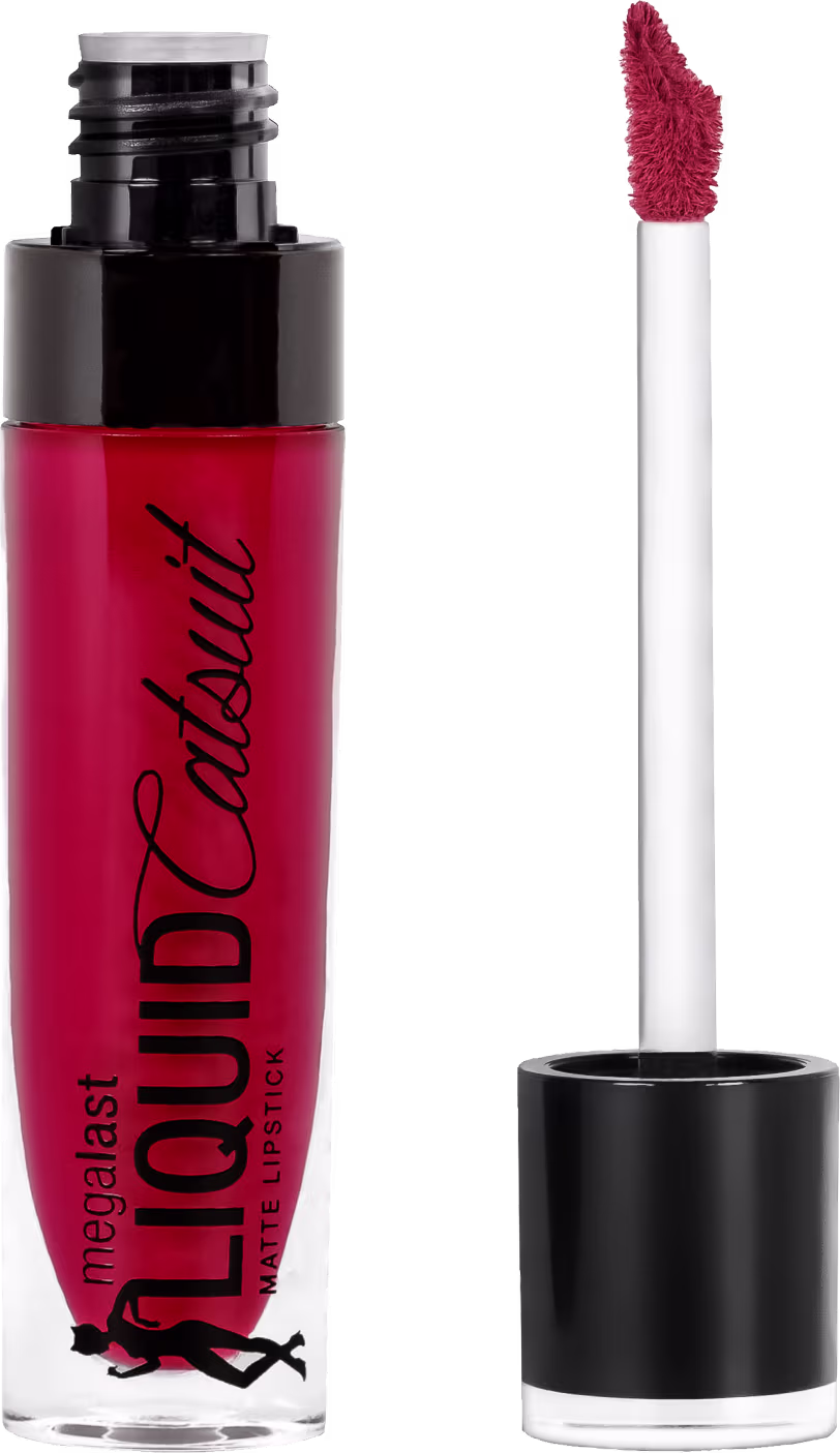 A imagem mostra um batom líquido em frasco cilíndrico, transparente aberto, com a tampa preta ao  lado e pincel acoplado.