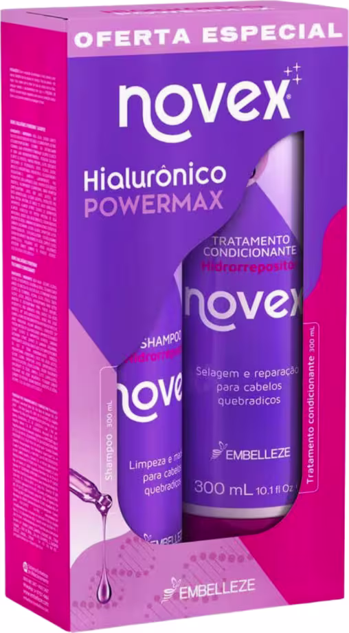 A imagem mostra caixa com kit de shampoo e condicionador Embelleze Novex Hialurônico Powermax, de 300ml cada. A embalagem é predominantemente na cor roxa e rosa, com detalhes e descrições dos produtos.