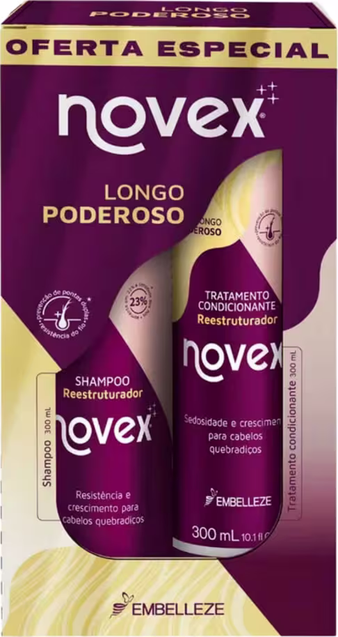 A imagem mostra caixa com shampoo e condicionador Embelleze Novex Longo Poderoso, de 300ml cada. Os produtos vêm em uma embalagem roxa com detalhes dourados, destacando os benefícios de restaurar a maciez, sedosidade e crescimento dos fios.