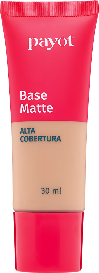A imagem mostra um um tubo plástico de base da marca Payot. Na metade do tubo ele é transparente para apresentar a cor do produto e o outro restante é vermelho, assim como a tampa. Na embalagem consta marca, acabamento, cobertura e volumetria.