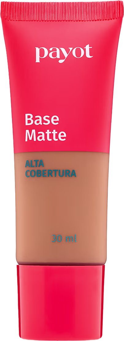 A imagem mostra um um tubo plástico de base da marca Payot. Na metade do tubo ele é transparente para apresentar a cor do produto e o outro restante é vermelho, assim como a tampa. Na embalagem consta marca, acabamento, cobertura e volumetria.
