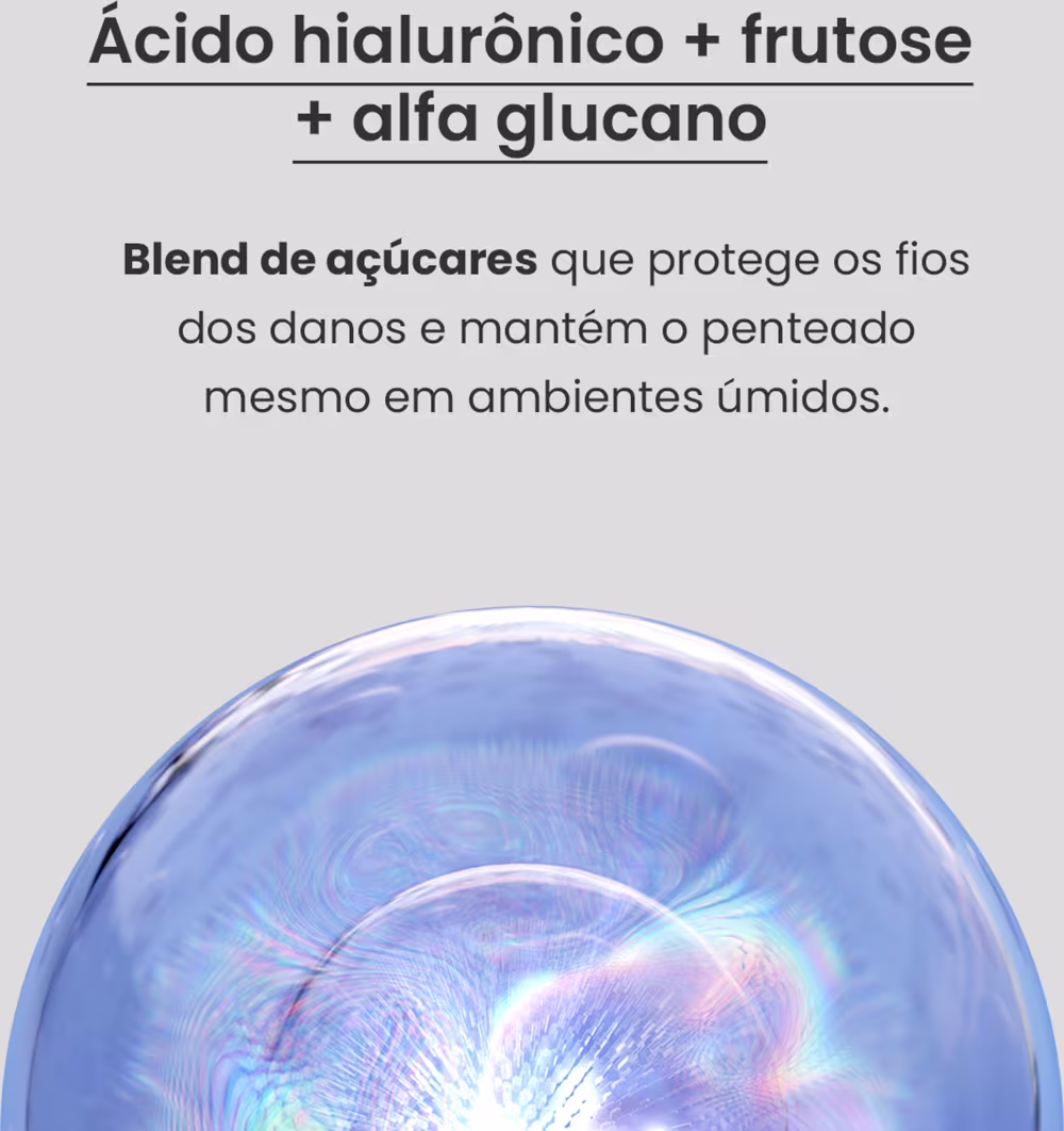 A imagem destaca o texto: Glycoshield ácido hialurônico, frutose e alfa glucano, blend de açúcares que protege os fios dos danos e mantém o penteado mesmo em ambientes úmidos. Há também uma pequena esfera transparente azulada, representando Glycoshield.