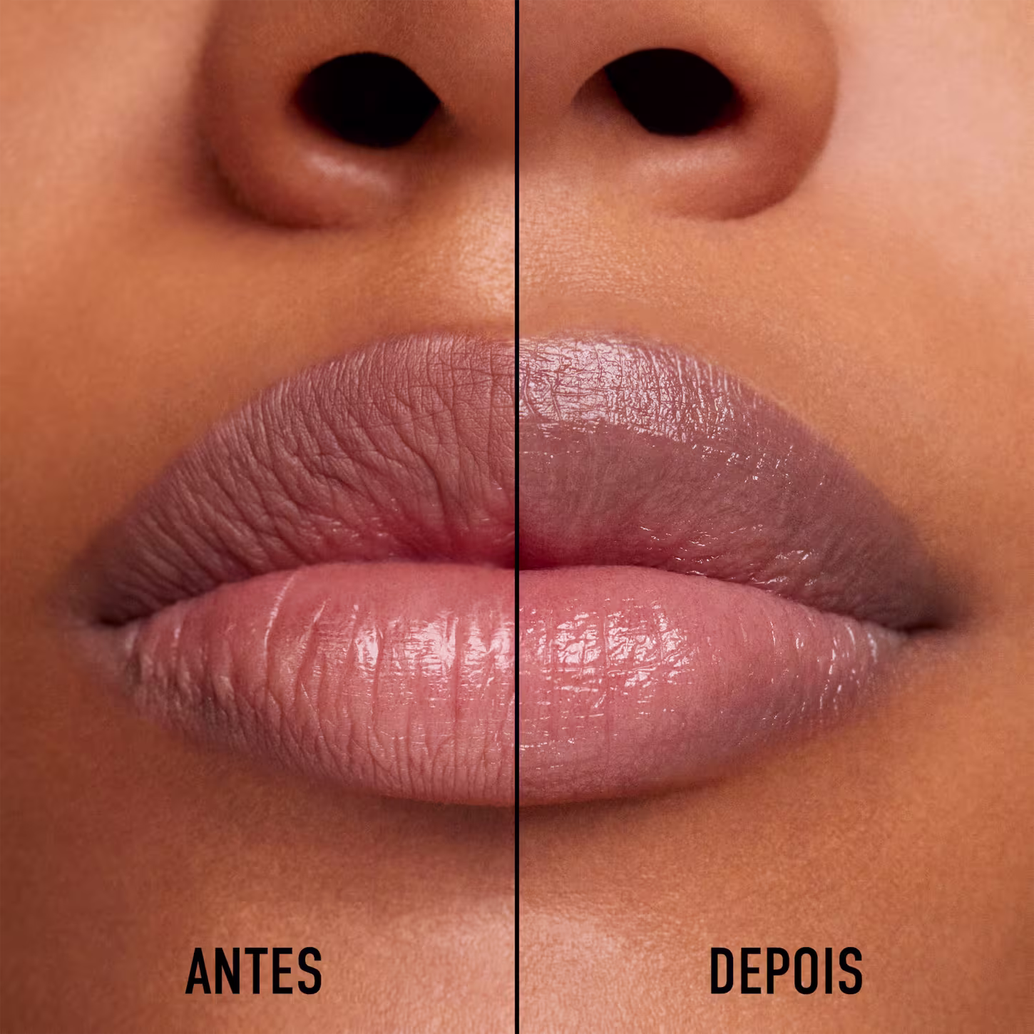 A imagem está dividida ao meio, com a modelo usando o balm em metade superior e metade inferior dos lábios.