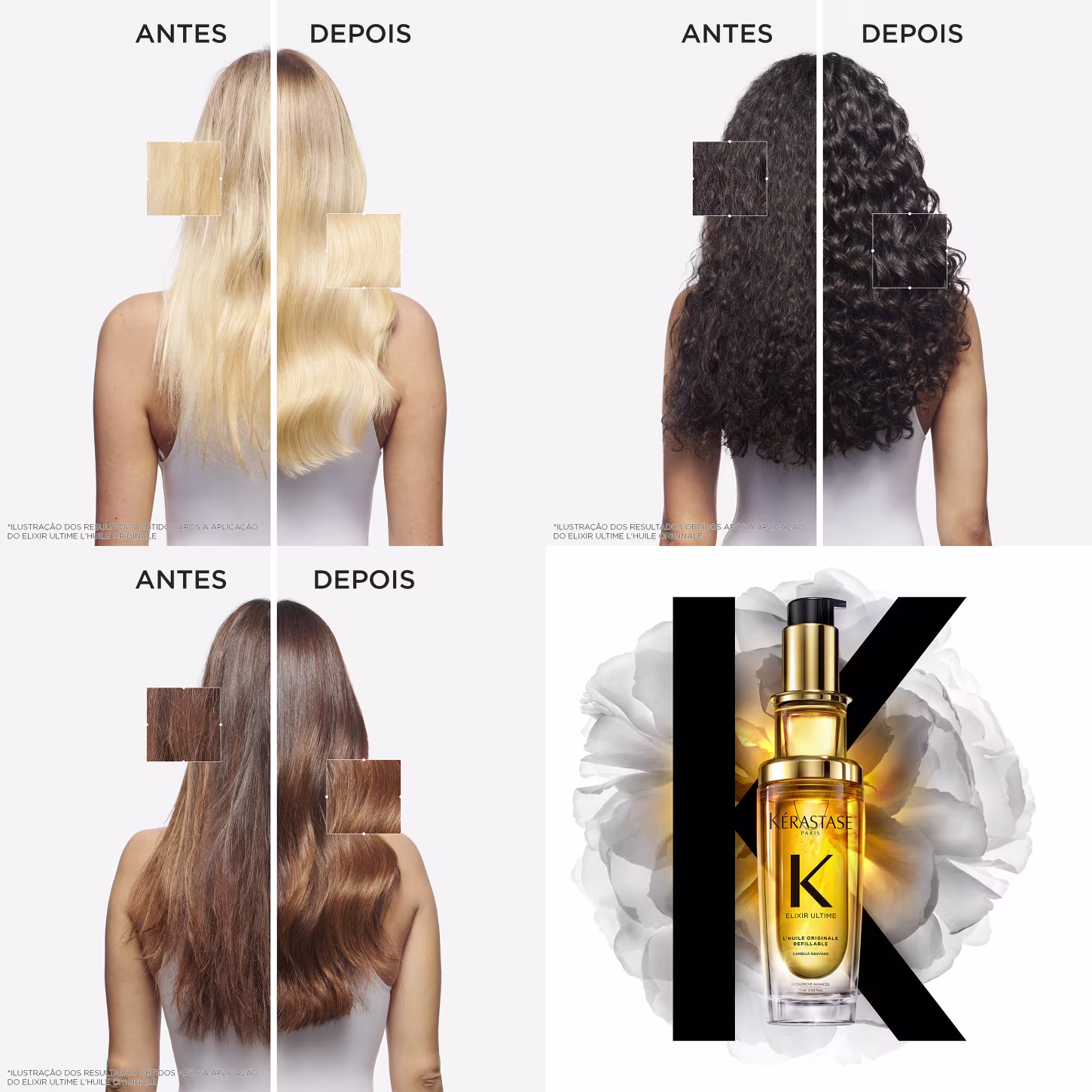 A imagem mostra painéis de antes e depois de usar o óleo em diferentes tipos de cabelo. O 1º mostra uma mulher de costas com cabelos lisos e loiros. O 2º exibe uma mulher de cabelos escuros e cacheados. O 3º tem uma mulher de cabelos castanhos e lisos.