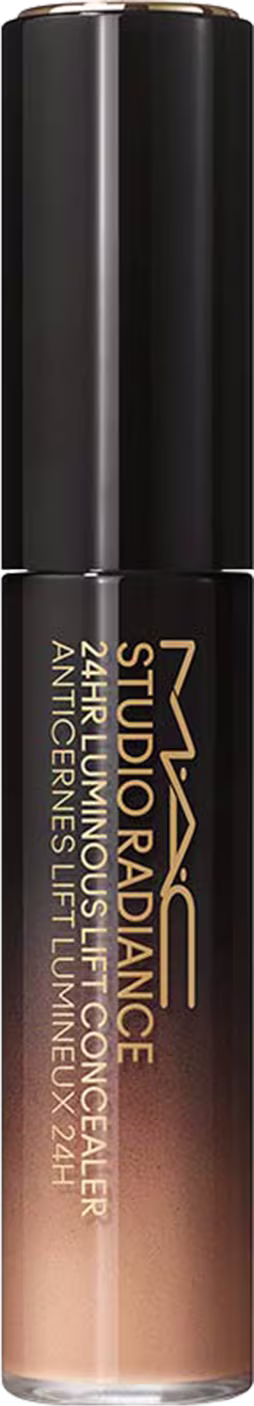 A imagem mostra um frasco preto degradê de um corretivo líquido. O frasco tem um design cilíndrico e elegante, com um aplicador embutido na tampa.