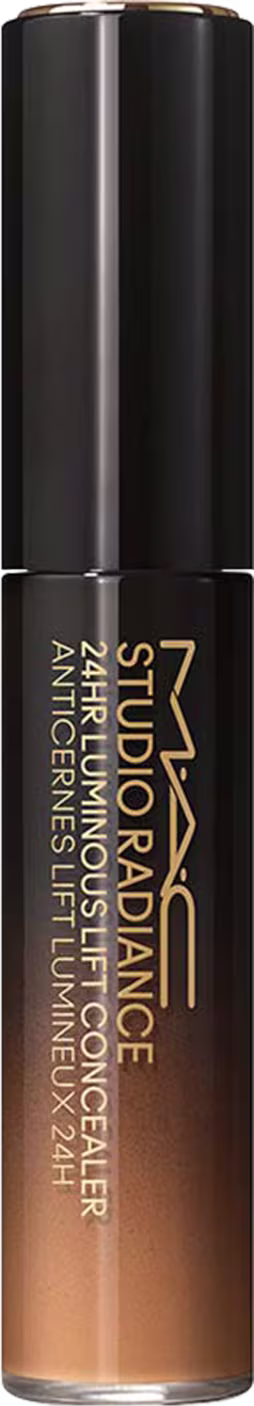 A imagem mostra um frasco preto degradê de um corretivo líquido. O frasco tem um design cilíndrico e elegante, com um aplicador embutido na tampa.