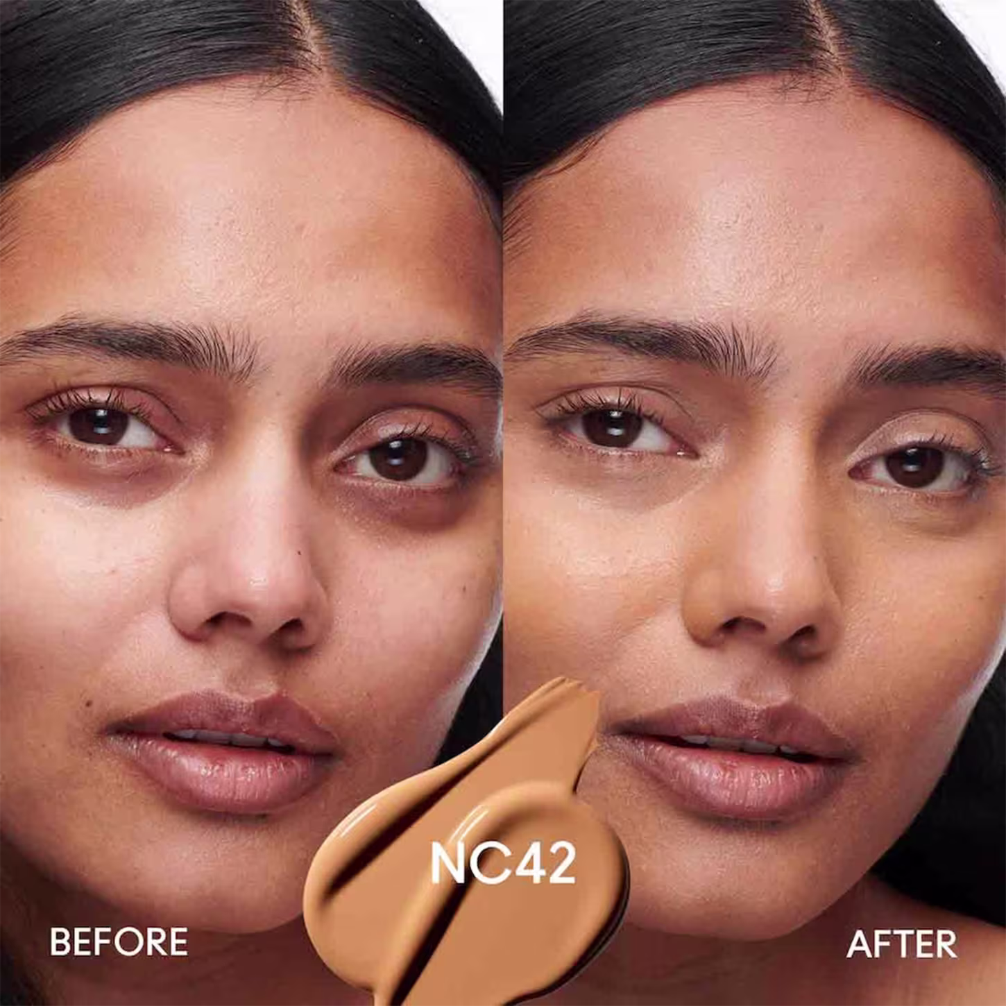 A imagem mostra uma comparação "antes e depois". Na foto à esquerda, rotulada como "Antes", podemos ver seu rosto natural. Na foto à direita, rotulada como "Depois", vemos seu rosto com uma aparência mais uniforme após o uso do corretivo.