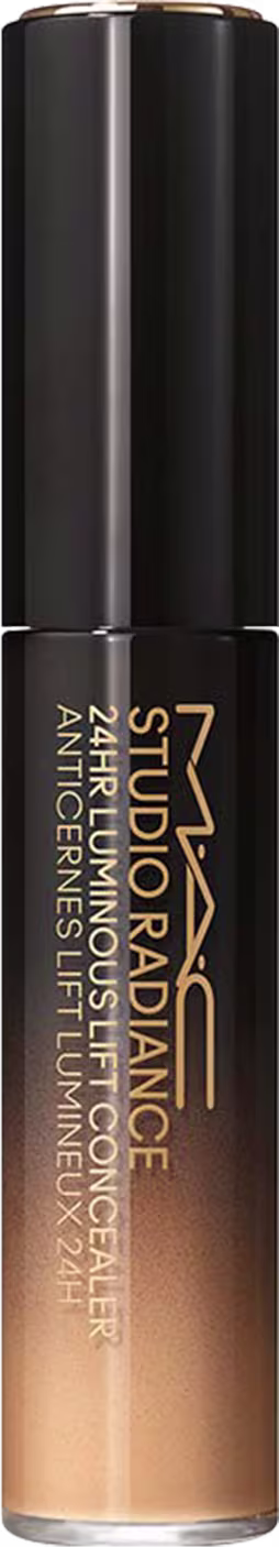 A imagem mostra um frasco preto degradê de um corretivo líquido. O frasco tem um design cilíndrico e elegante, com um aplicador embutido na tampa.