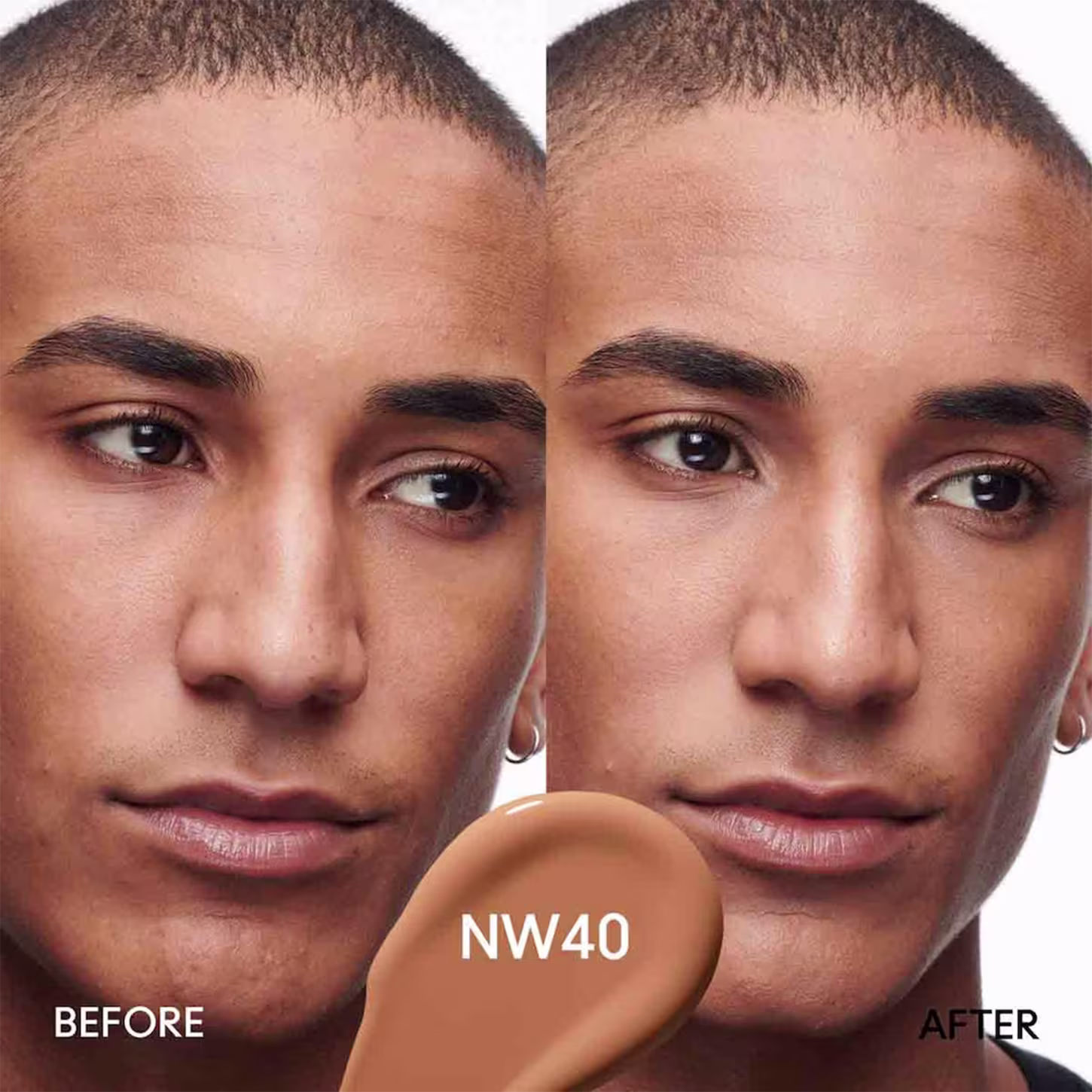 A imagem mostra uma comparação "antes e depois". Na foto à esquerda, rotulada como "Antes", podemos ver seu rosto natural. Na foto à direita, rotulada como "Depois", vemos seu rosto com uma aparência mais uniforme após o uso do corretivo.