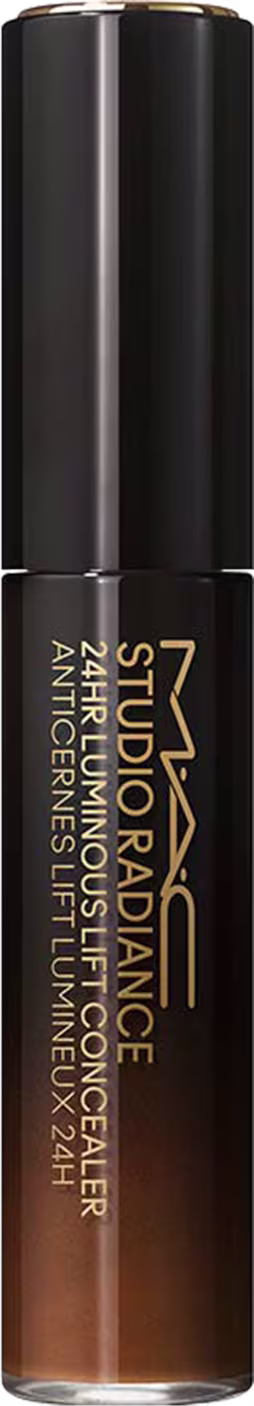 A imagem mostra um frasco preto degradê de um corretivo líquido. O frasco tem um design cilíndrico e elegante, com um aplicador embutido na tampa.