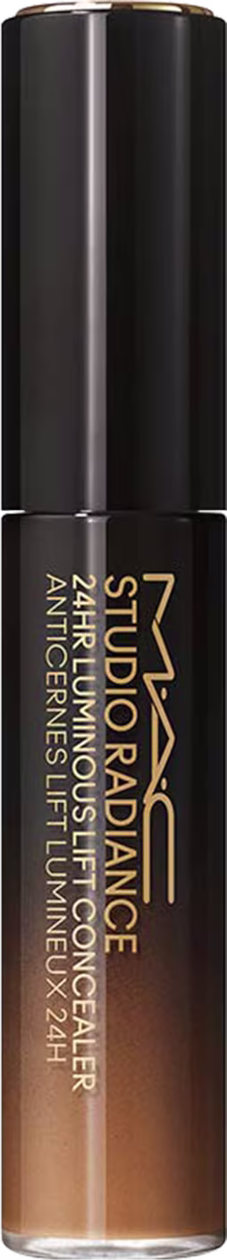 A imagem mostra um frasco preto degradê de um corretivo líquido. O frasco tem um design cilíndrico e elegante, com um aplicador embutido na tampa.