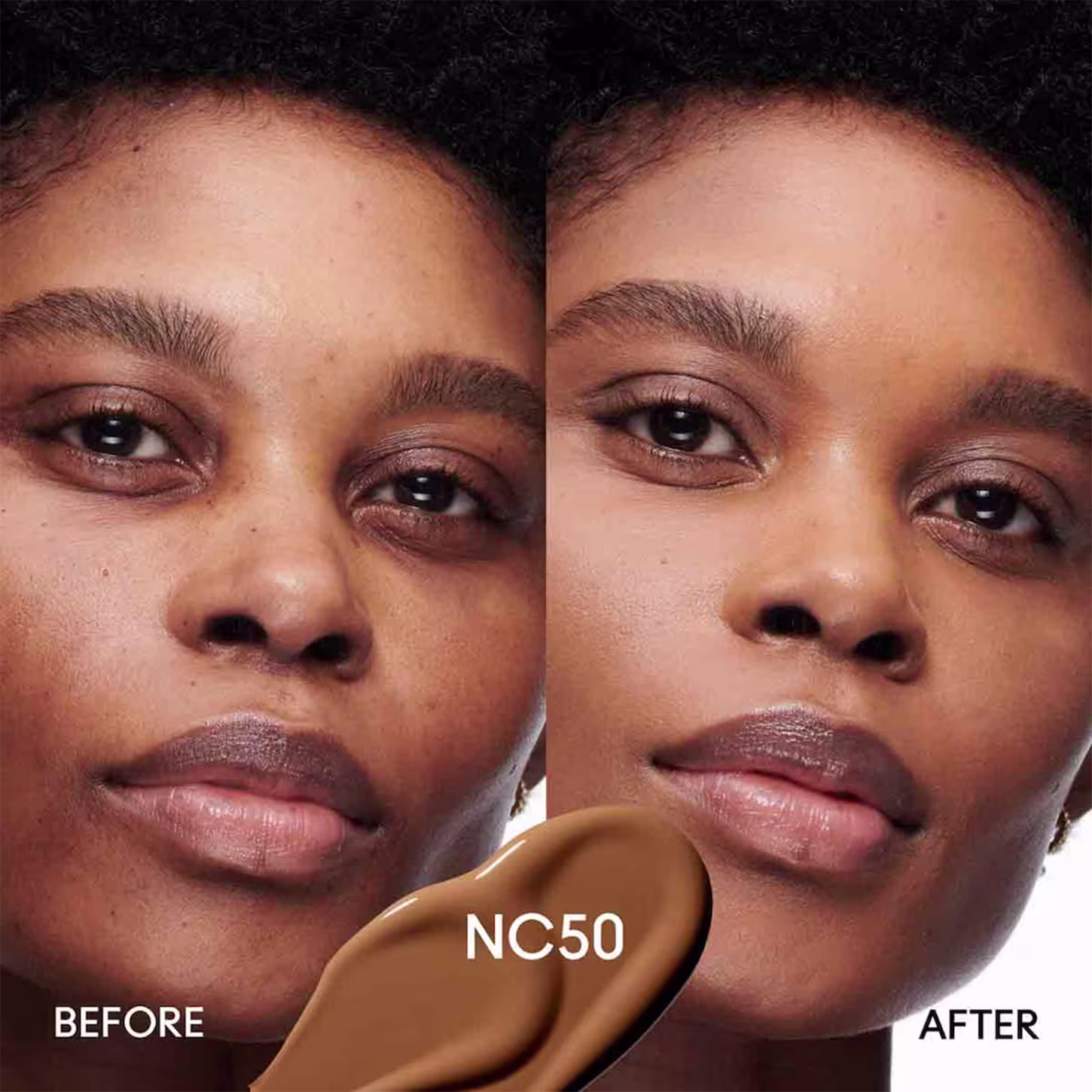 A imagem mostra uma comparação "antes e depois". Na foto à esquerda, rotulada como "Antes", podemos ver seu rosto natural. Na foto à direita, rotulada como "Depois", vemos seu rosto com uma aparência mais uniforme após o uso do corretivo.