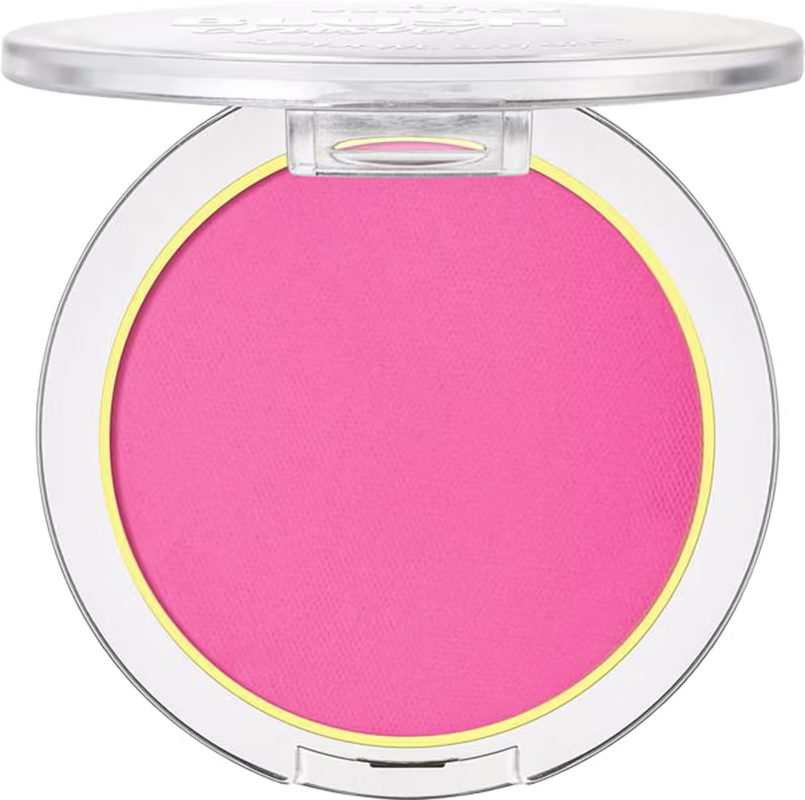 A imagem mostra um blush compacto de cor rosa pink em uma embalagem plástica transparente. O blush tem um acabamento fosco e está disposto em um estojo redondo. Em volta do pó compacto rosa, há um aro amarelo que realça a cor do produto.