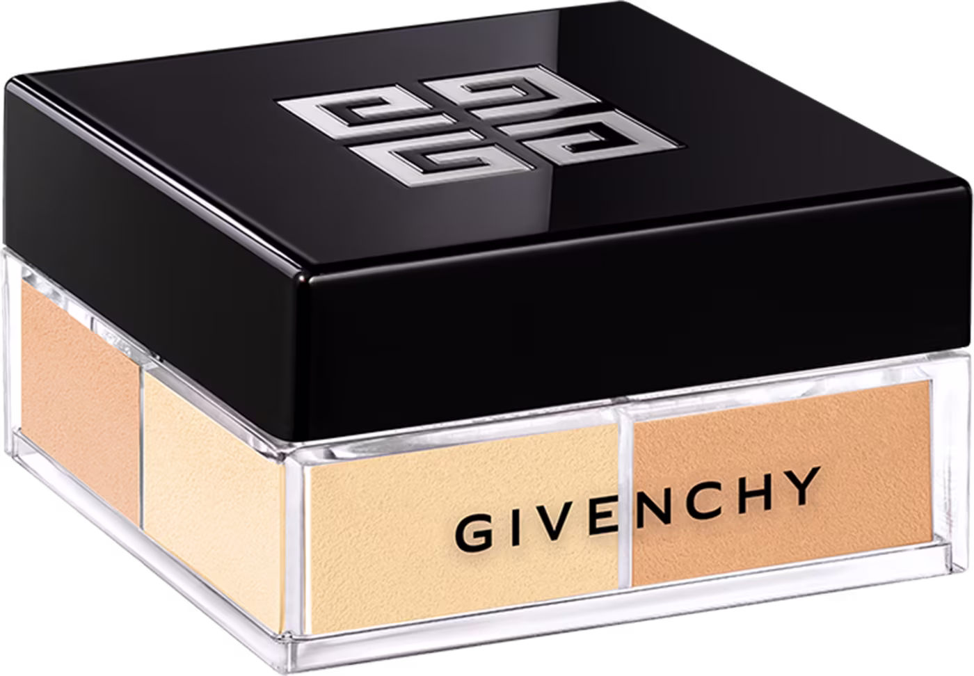 A imagem mostra o pó solto de Givenchy. É uma caixa preta elegante, com o logotipo da marca em relevo na tampa superior. A caixa é retangular e possui uma base transparente de acrílico que permite ver as cores em tons de ocre e laranja.