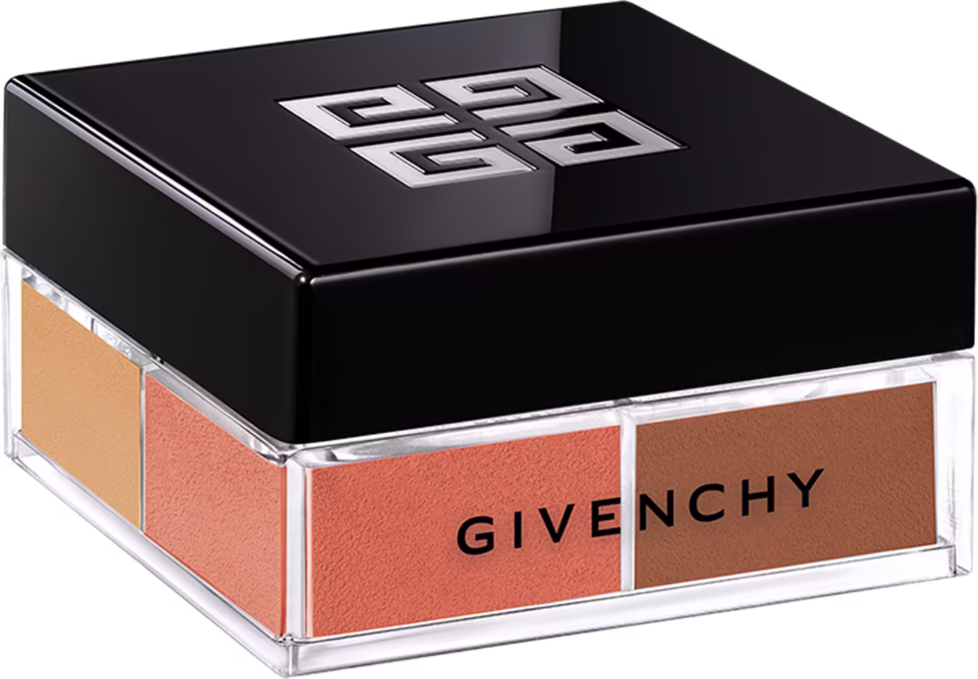 A imagem mostra o pó solto de Givenchy. É uma caixa preta elegante, com o logotipo da marca em relevo na tampa superior. A caixa é retangular e possui uma base transparente de acrílico que permite ver as cores quentes.