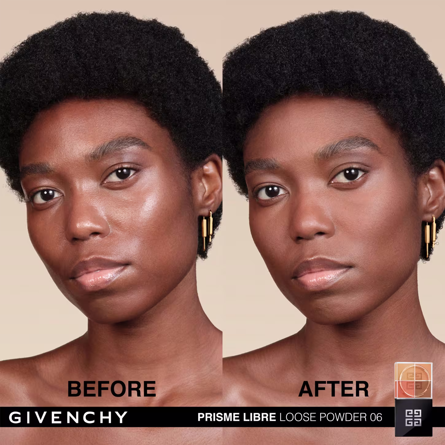 A imagem apresenta o comparativo ao usar o pó solto. Mostra duas fotos de uma modelo de pele negra. A foto da esquerda é "Antes" e a da direita como "Depois", sugerindo que o pó solto matificante promove uma aparência mais polida e sedosa na pele.