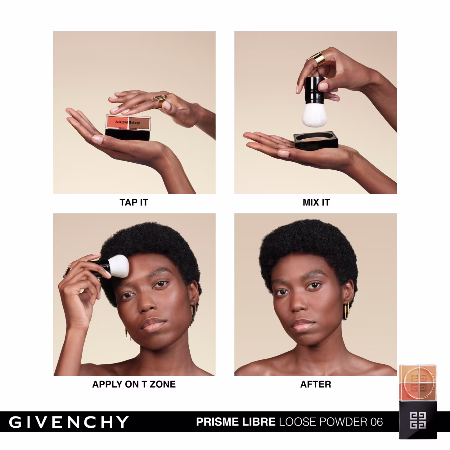 A imagem mostra uma modelo negra ensinando como aplicar o pó solto. 1º bater levemente no produto para soltá-lo; em seguida, misturar o pó com um aplicador; depois, aplicar na zona T do rosto; e por fim, o resultado final da pele matificada e iluminada.
