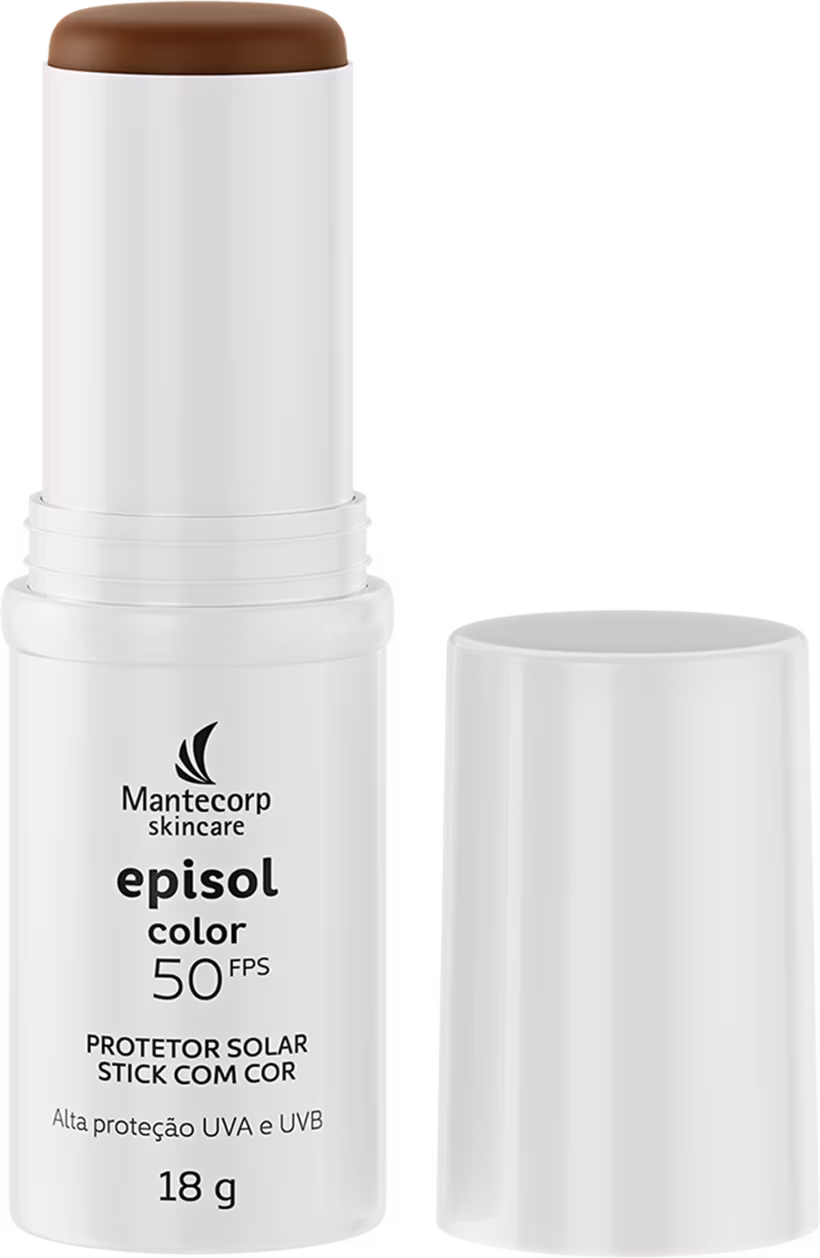 Produto em bastão branco com descrições em letra cinza na base da embalagem. Está destampado, é possível ver a cor. A tampa está ao lado.