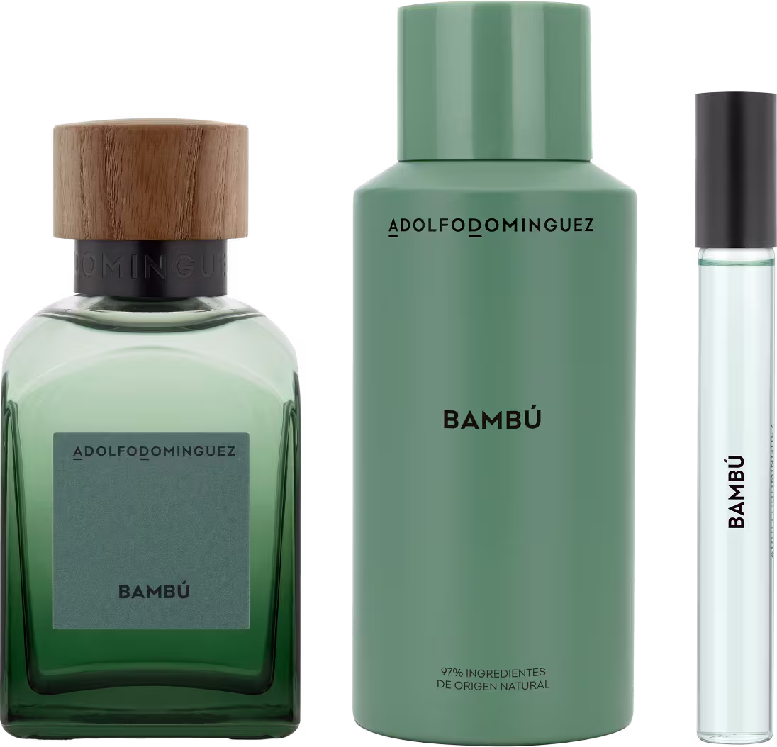 Produtos lado a lado, com frascos de perfumes, com tampa de madeira e outro preto, vidro degradê transparente e verde. Desodorante em embalagem verde e escritos pretos.