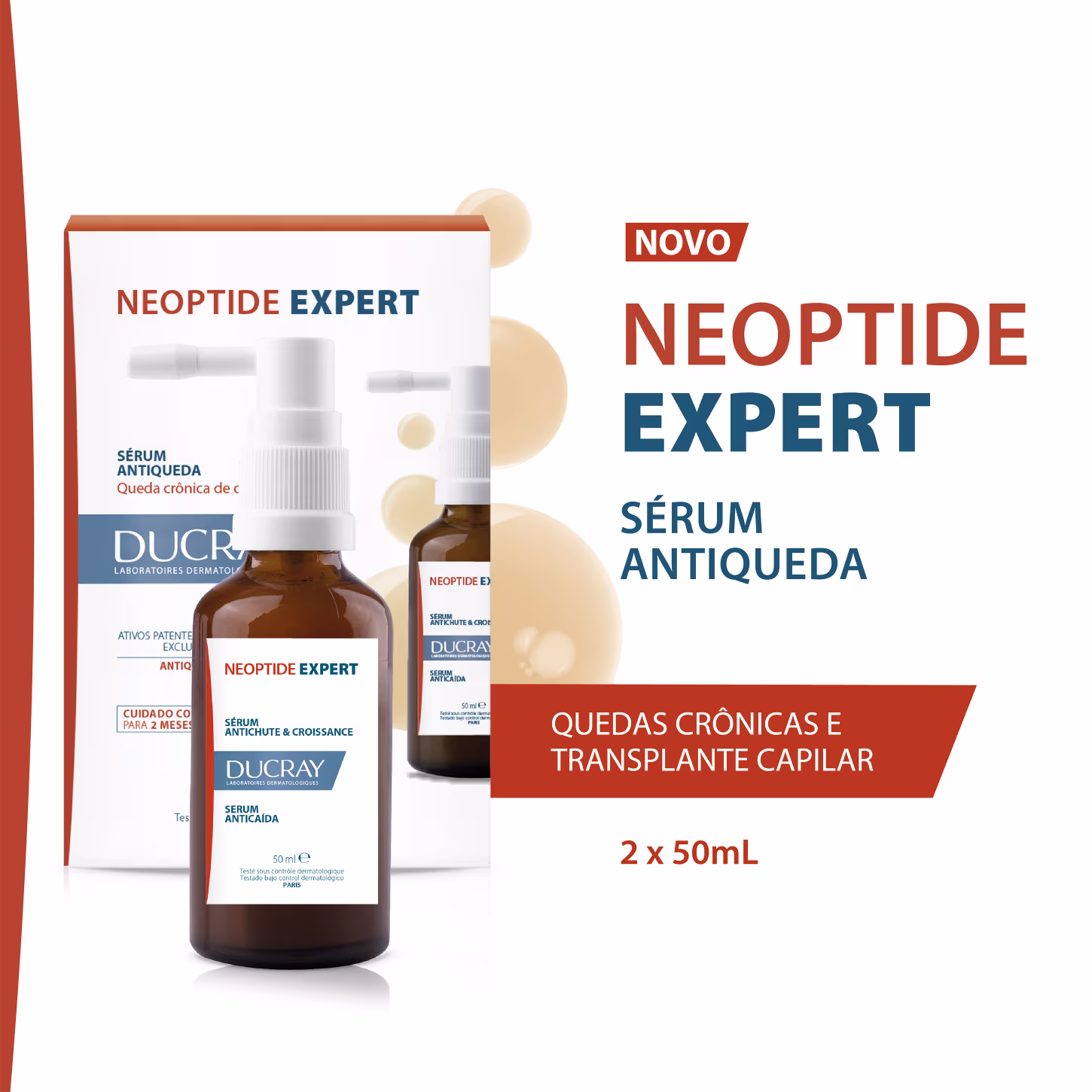 A imagem destaca que é um novo lançamento da linha Neoptide Expert, projetada para tratar a queda crônica de cabelos e auxiliar no transplante capilar. O produto é apresentado em dois frascos de 50ml cada.