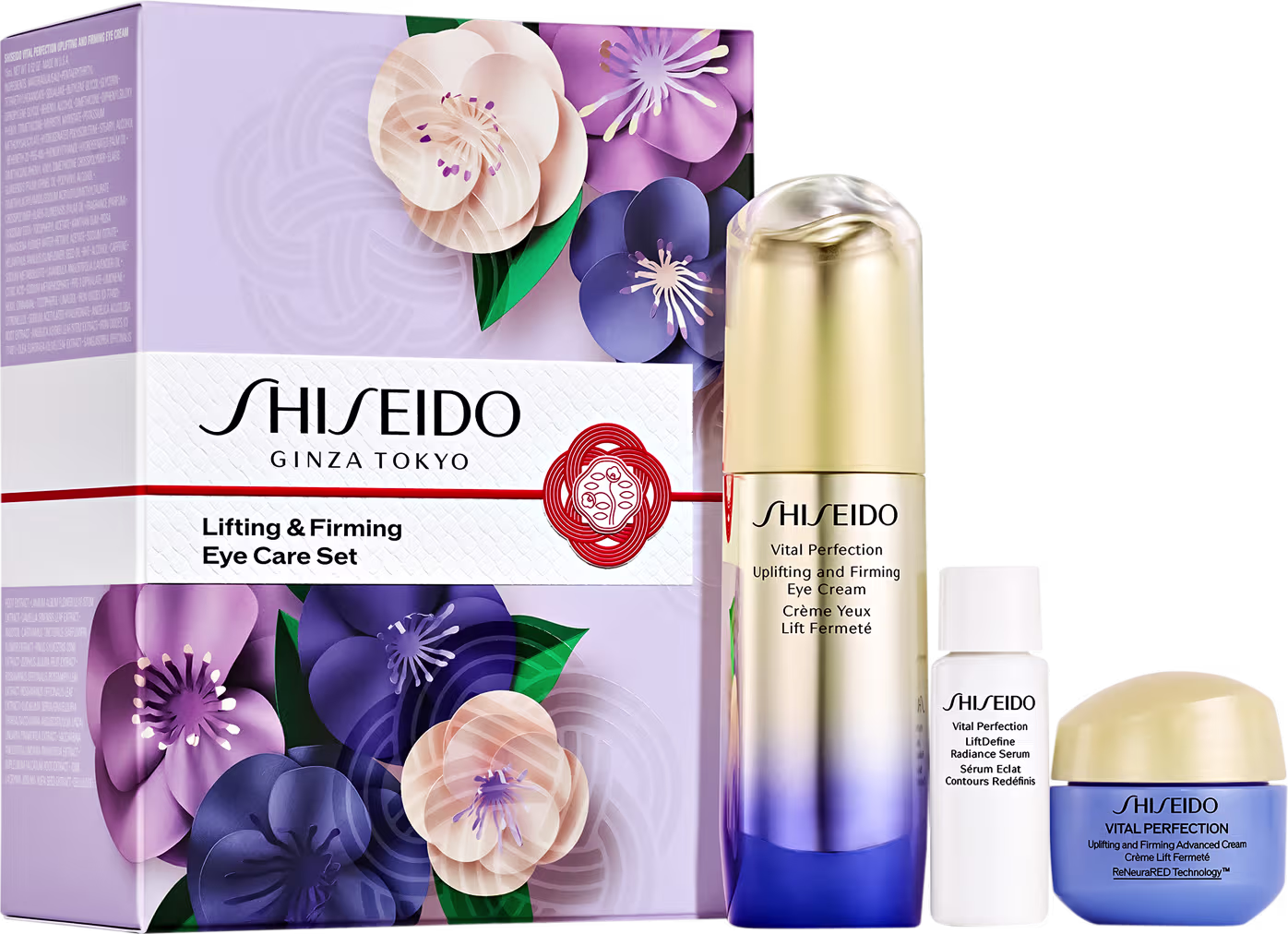 Este é um conjunto de cuidados para os olhos da marca de cosméticos Shiseido. O conjunto inclui uma caixa retangular com uma imagem floral em tons de roxo, verde e bege. Dentro, há três produtos que promovem efeito lifting e firmador.