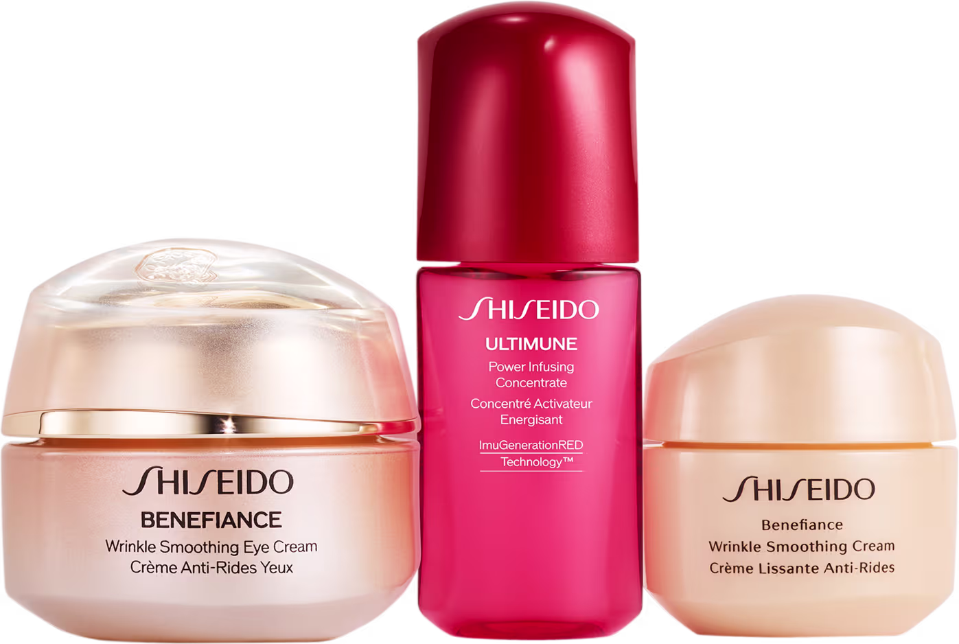 Três produtos de cuidados com a pele da marca Shiseido:
- Shiseido Benefiance Wrinkle Smoothing Eye
- Shiseido Benefiance Wrinkle Smoothing
- Shiseido Ultimune Power Infusing