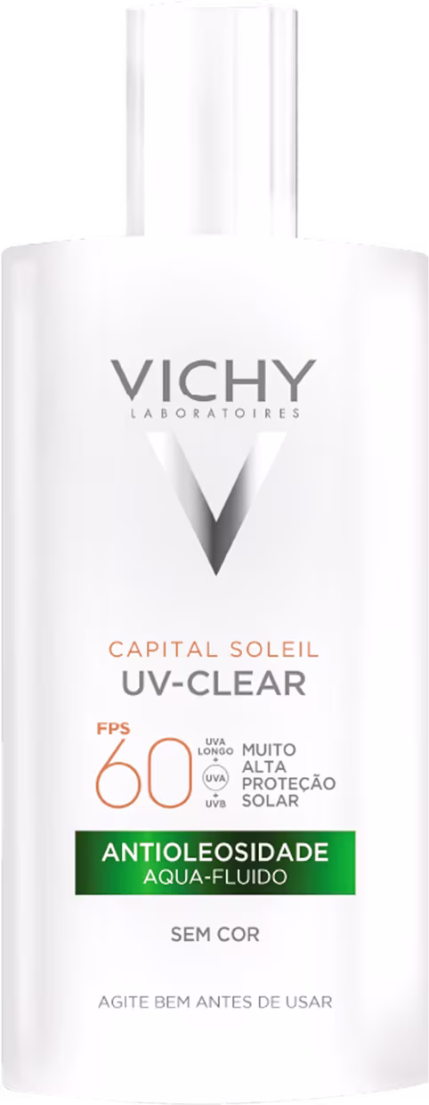 Embalagem em frasco plástico branco opaco. Rótulo frontal com o logotipo Vichy e o nome do produto "Capital Soleil UV-Clear" em letras cinza. Indicação de FPS 60 e descrição "Antioleosidade Aqua-Fluido Sem Cor".