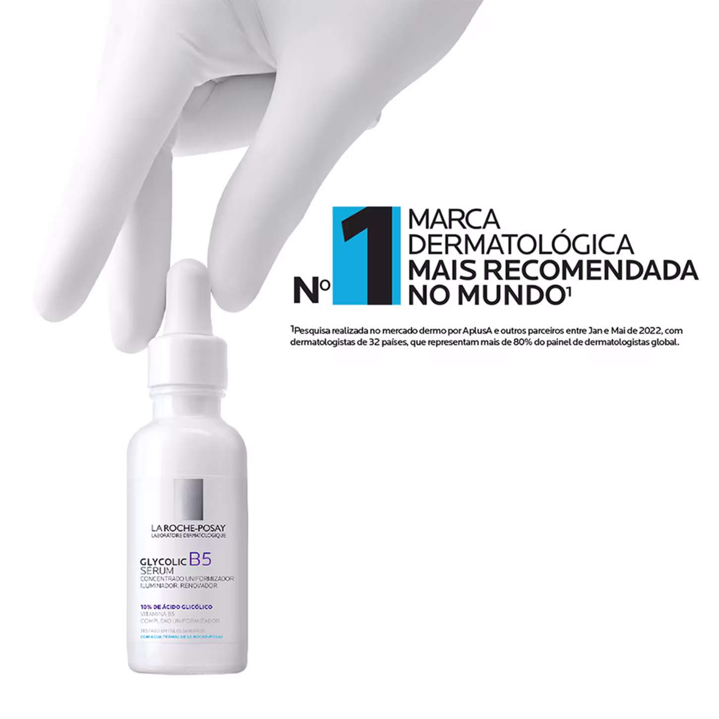 Uma mão com luvas segura o produto. No texto indica que é a marca dermatológica nº1, a mais recomendada no mundo.