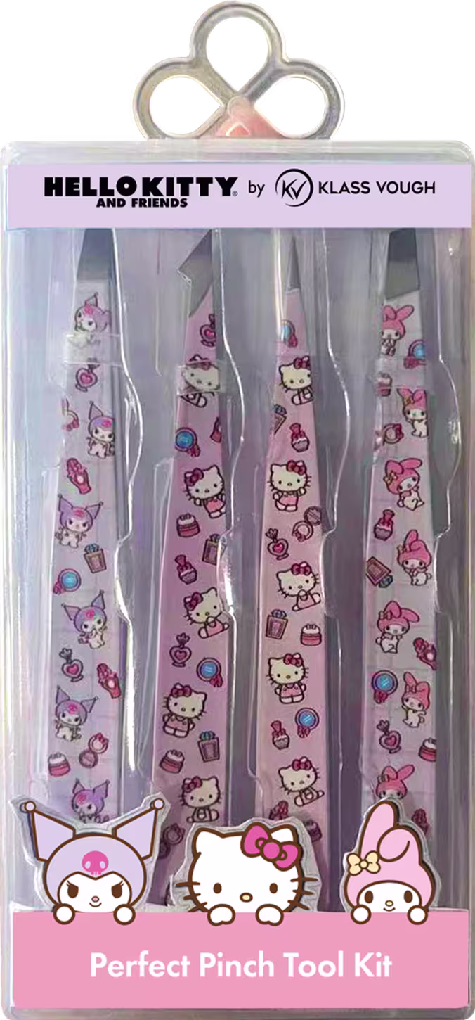 A imagem traz uma embalagem transparente com detalhes em rosa onde é possível ver as 4 pinças na parte de dentro, todas decoradas com padrões de Hello Kitty, My Melody e outros personagens em tons de rosa e branco.