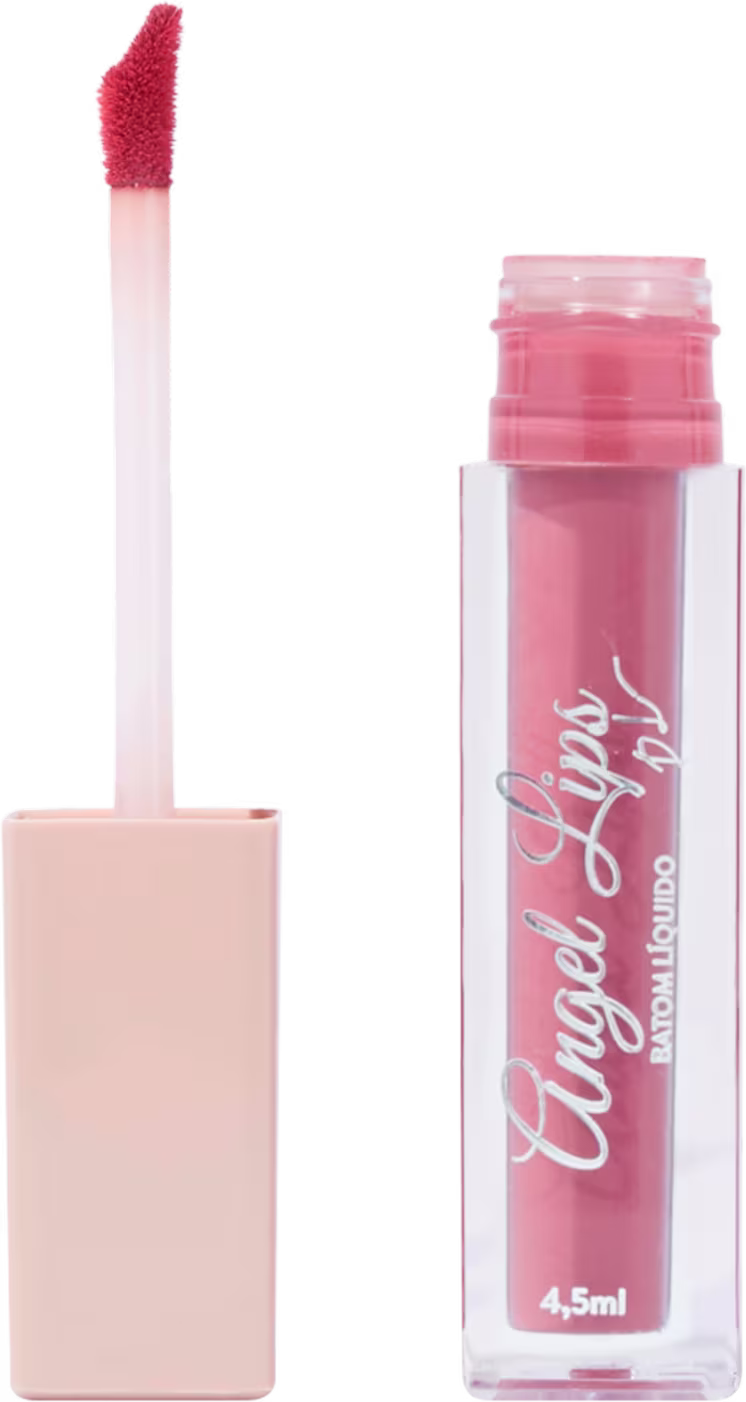 Batom líquido em embalagem plástica transparente com tampa rosada. Frasco pequeno de 4,5ml com líquido rosa claro no interior. Rótulo com o nome "Angel Lips" em letras cursivas.