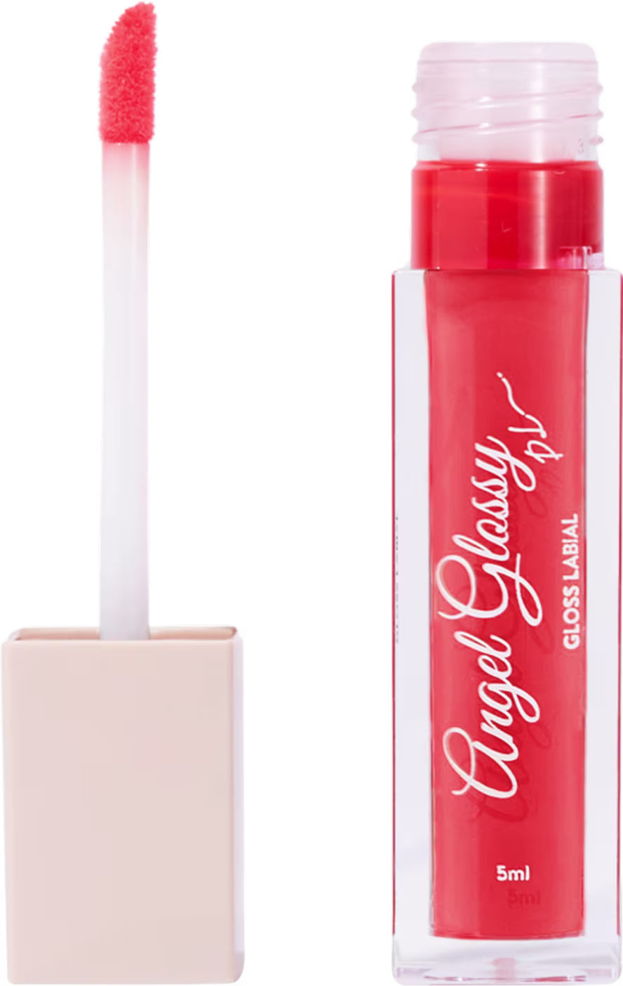 Gloss em embalagem plástica transparente com tampa rosada. Frasco pequeno de 5ml com líquido de cor vermelho vivo no interior. Rótulo com o nome "Angel Glossy" em letras cursivas.