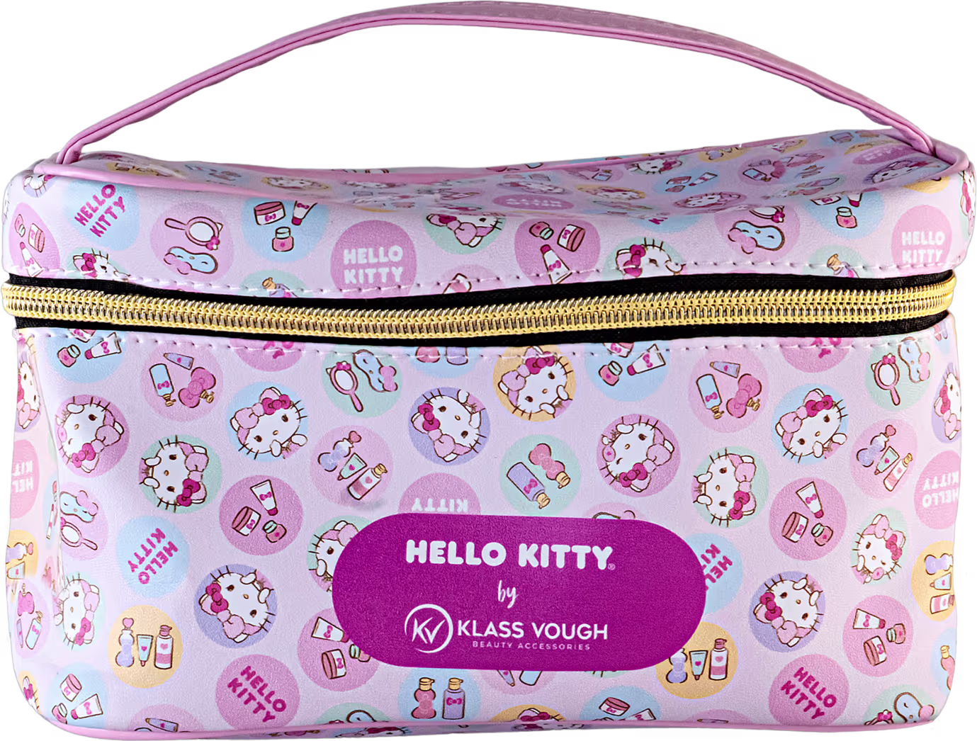 Nécessaire formato retangular com zíper dourado, estampa rosa clara com padrão de Hello Kitty, além de elementos como donuts e sorvetes. O logotipo "Hello Kitty by Klass Vough" está impresso em um retângulo rosa pink na parte frontal com letras brancas.
