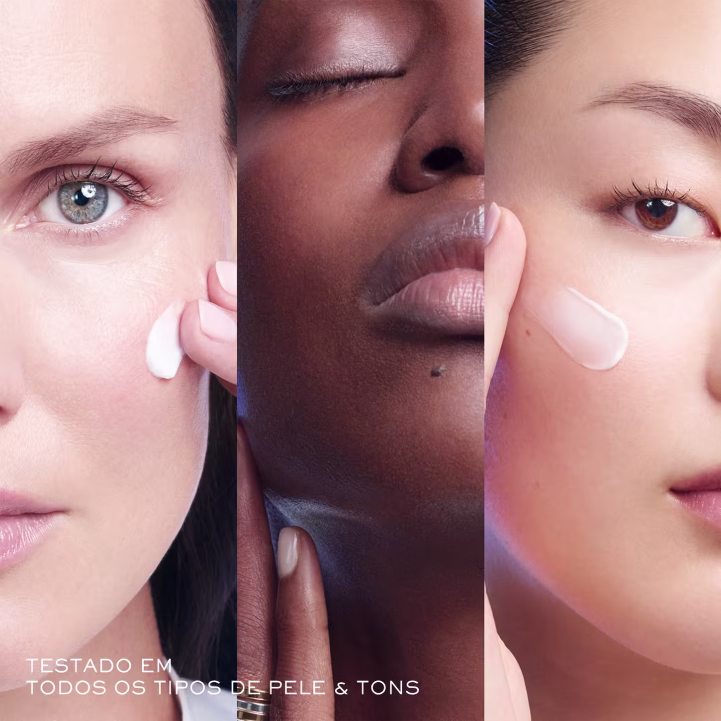A imagem mostra três closes de olhos e lábios de diferentes tons de pele e etnias. O texto na parte inferior diz "Testado em todos os tipos de pele & tons", sugerindo que o produto é adequado para diversos tipos de pele.