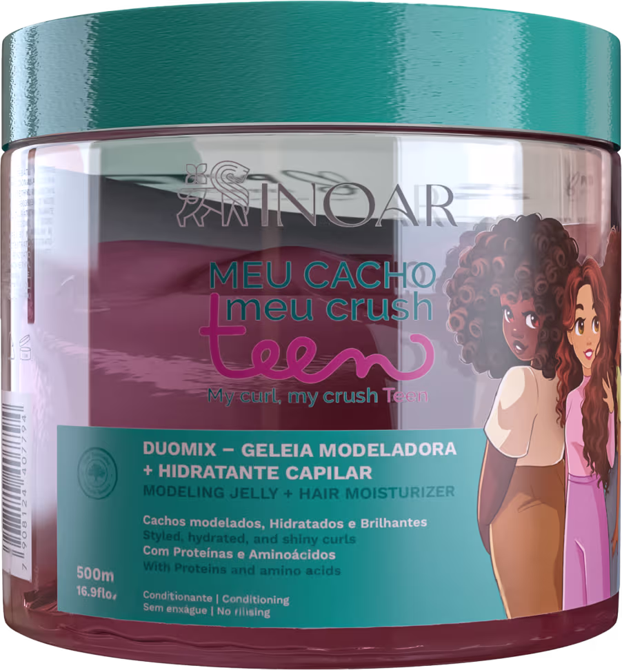 A imagem mostra a Geleia Modeladora e Hidratante Capilar Inoar Meu Cacho, Meu Crush Teen Duomix 500g, embalagem plástica com formato circular. Traz ilustração de meninas com cabelos cacheados. As cores predominantes são verde, rosa e branco.