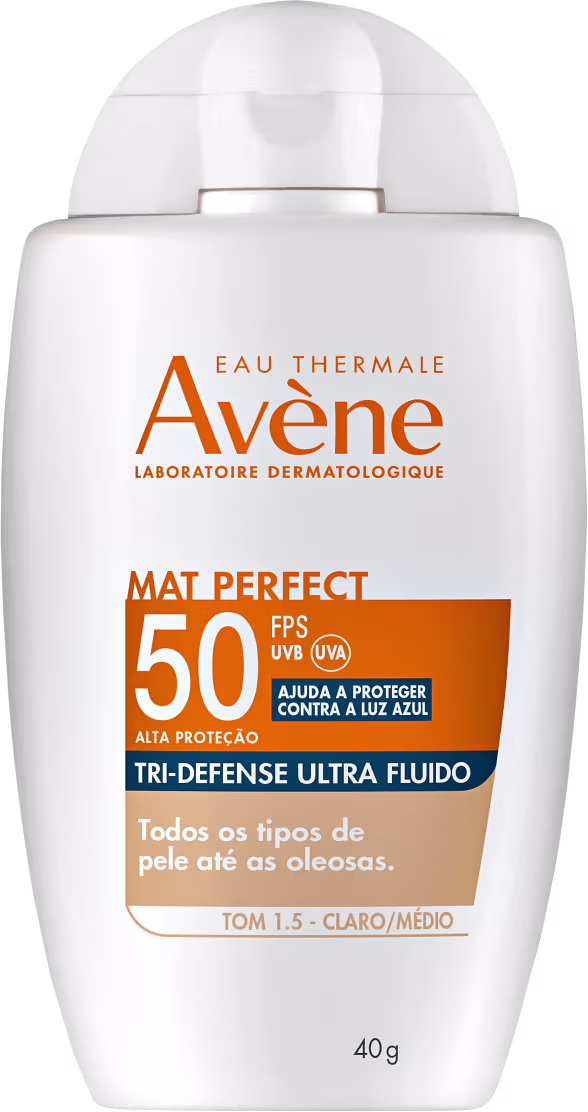 Embalagem plástica branca opaca em formato cilíndrico. Rótulo laranja com o logotipo e nome da marca Avène em letras maiúsculas, nas cores laranja, branca e azul. Peso líquido de 40g indicado na embalagem.