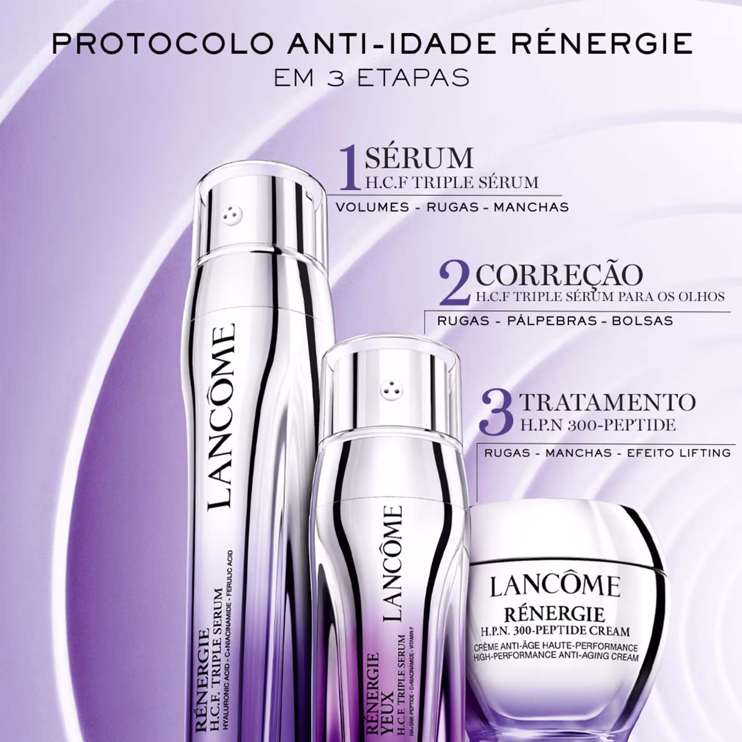 Linha anti-idade Rénergie da Lancôme com três frascos cilíndricos de vidro com tampas prateadas. Embalagens brancas com detalhes roxos e prateados contêm: 1) Sérum, 2) Correção para os olhos e 3) Tratamento H.P.N 300-Peptide para rugas e lifting.