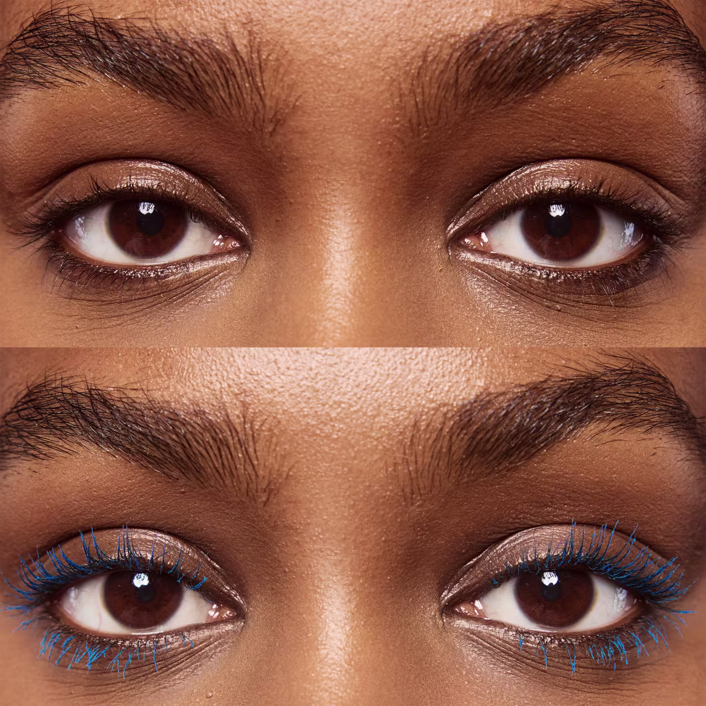 A imagem mostra a face da mulher anterior em duas fases, em cima sem a aplicação do rímel com os cílios naturais e curtos. Em baixo, já om o rímel azul aplicado, os fios estão longos e volumosos.