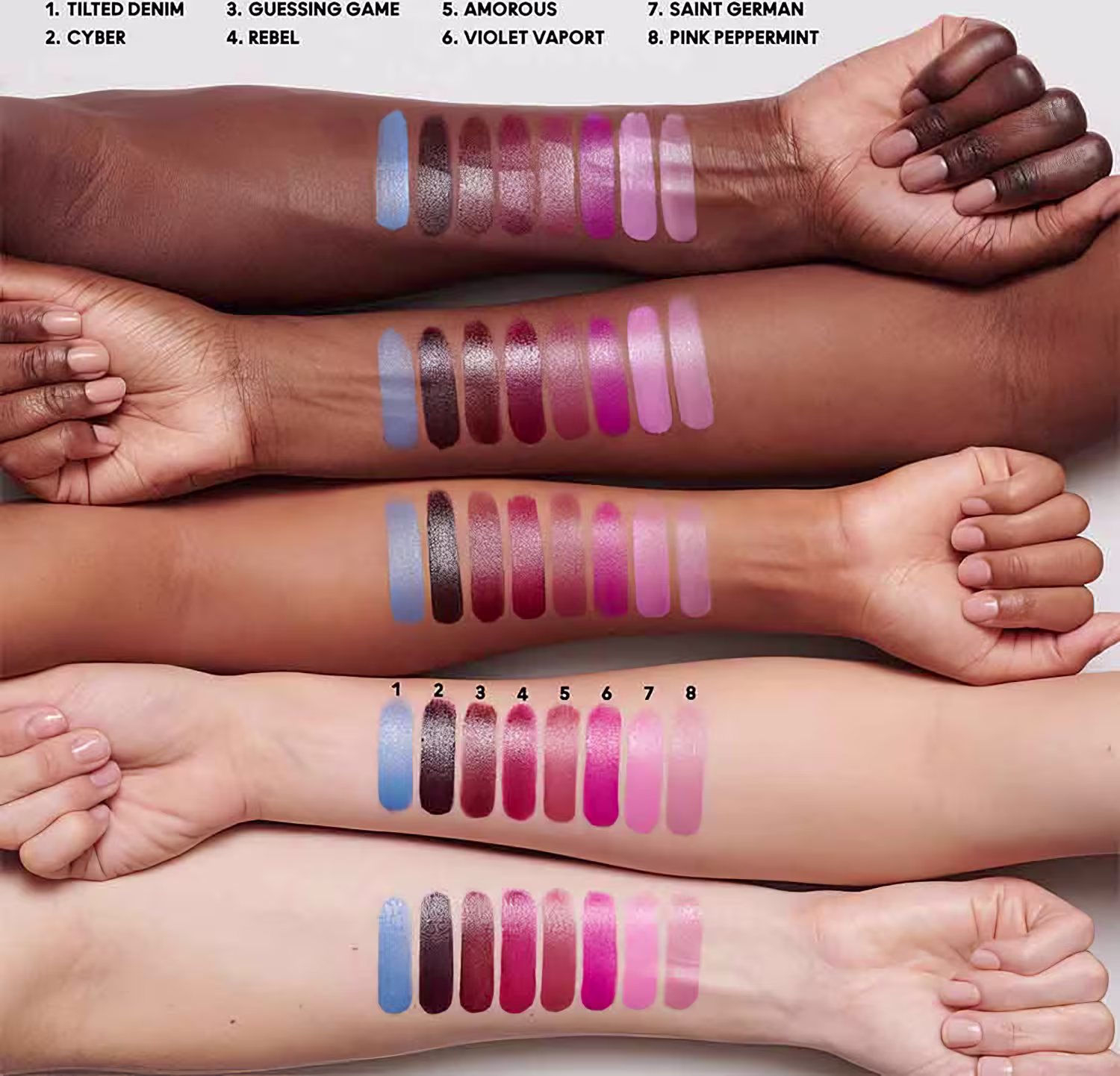 A imagem mostra 5 antebraços com amostras do produto na pele, indicando como ficará o batom nos lábios, de acordo com cada tonalidade de pele.