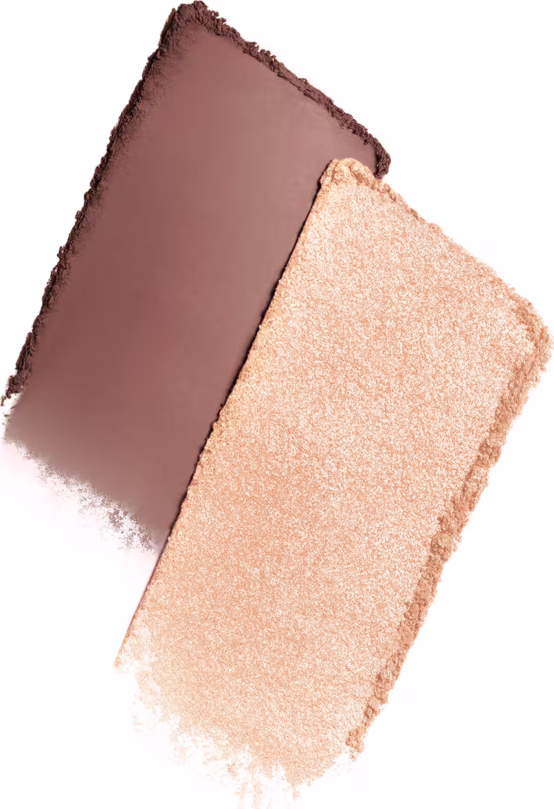 Paleta de maquiagem em pó compacta da Dior. Apresenta duas cores em tons terrosos: um marrom escuro e um bege rosado perolado. A superfície das sombras exibe texturas prensadas com acabamento fosco e brilhante.