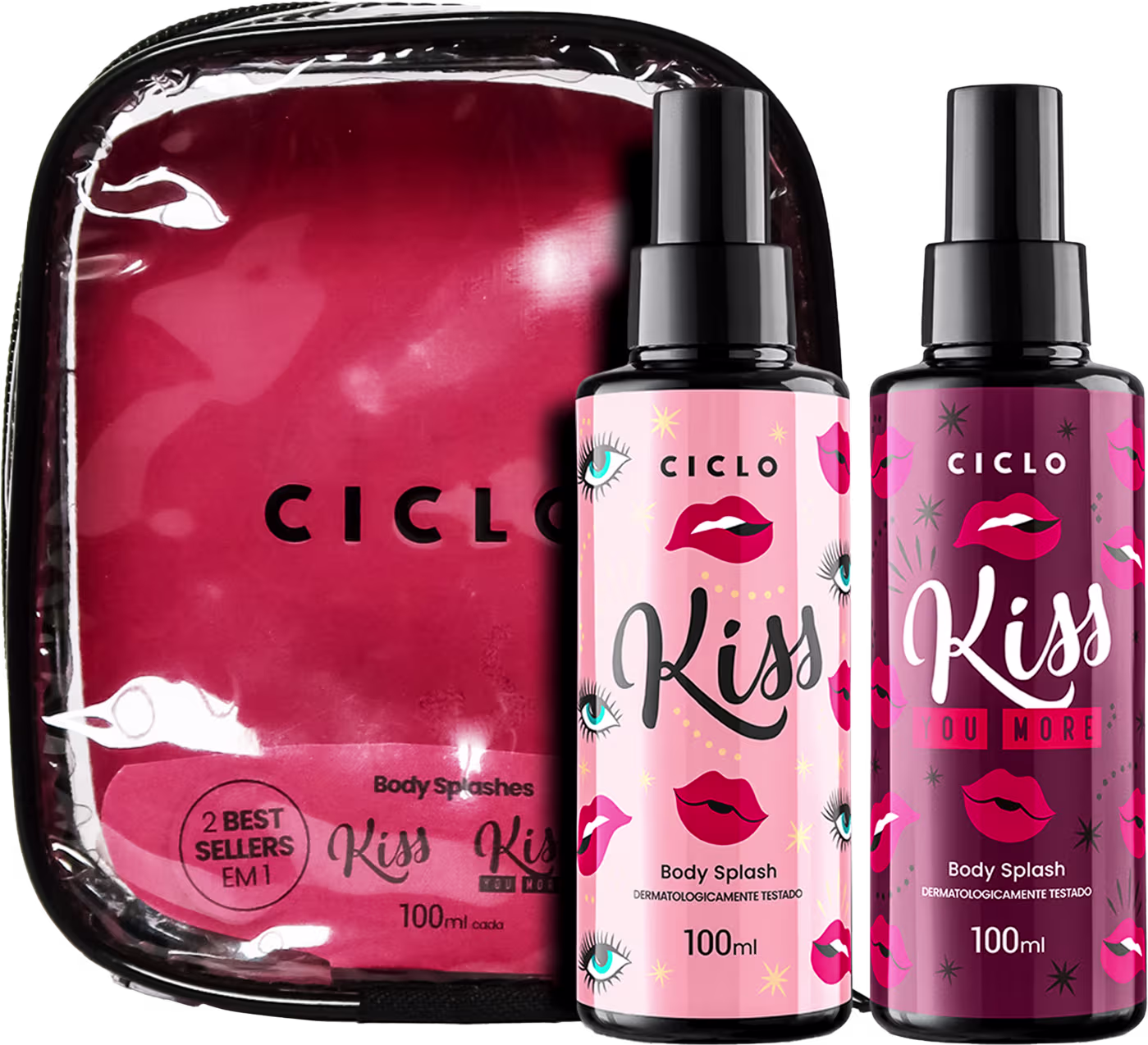 Conjunto de body splash da marca Ciclo Cosméticos. Inclui uma necessaire oval vermelha brilhante com o logotipo "Ciclo" em letras pretas. Dois frascos de borrifadores de 100ml cada, com rótulos rosa e roxo.