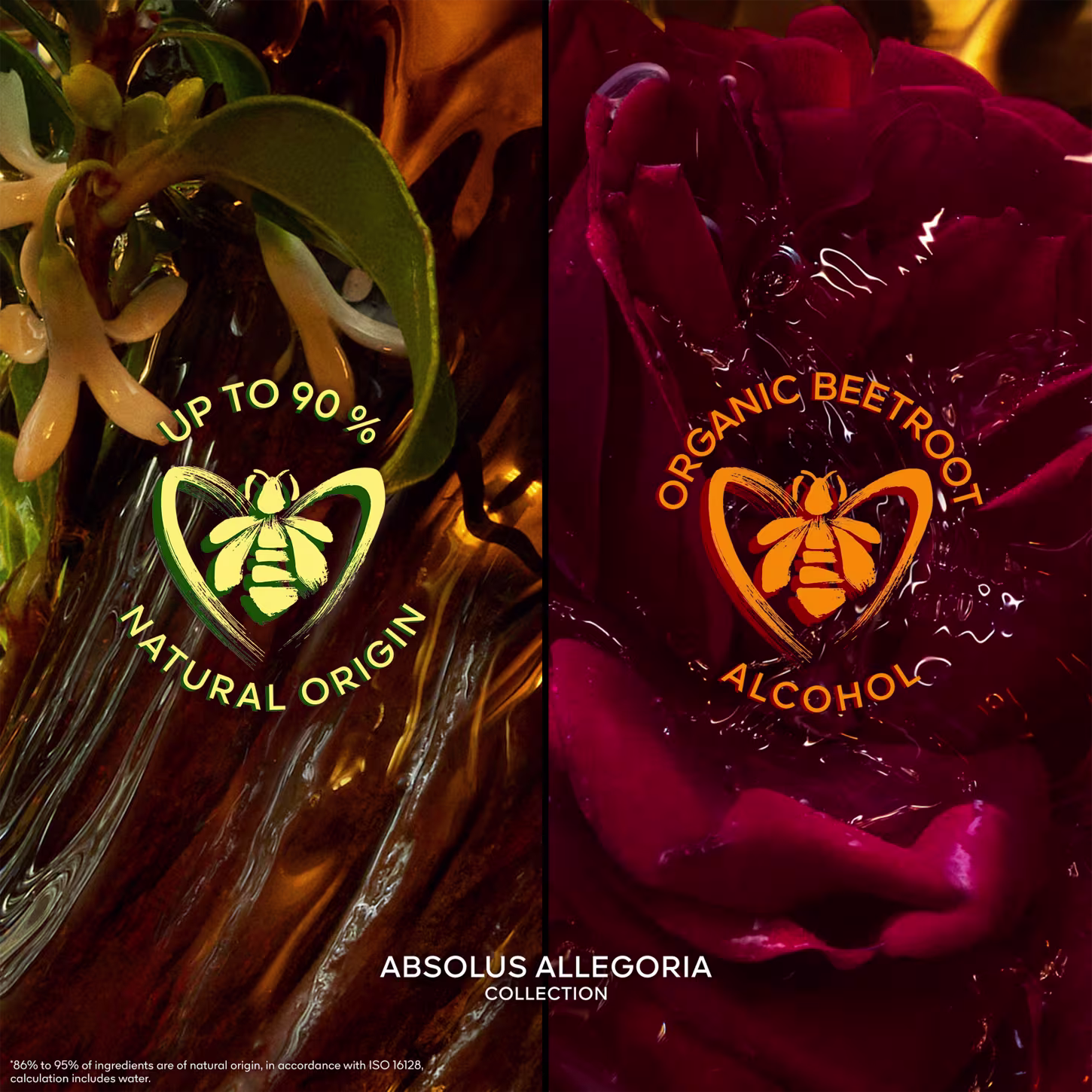 À esquerda, um rótulo indicando "Up to 90% Natural Origin". À direita, um rótulo indicando "Organic Beetroot Alcoholic". Ambos apresentam o logotipo da marca Guerlain com uma abelha estilizada.