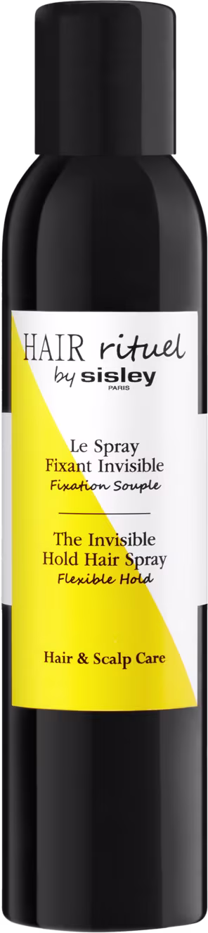 A imagem mostra um frasco spray preto com rótulo branco e amarelo e letras pretas, com tampa também preta.