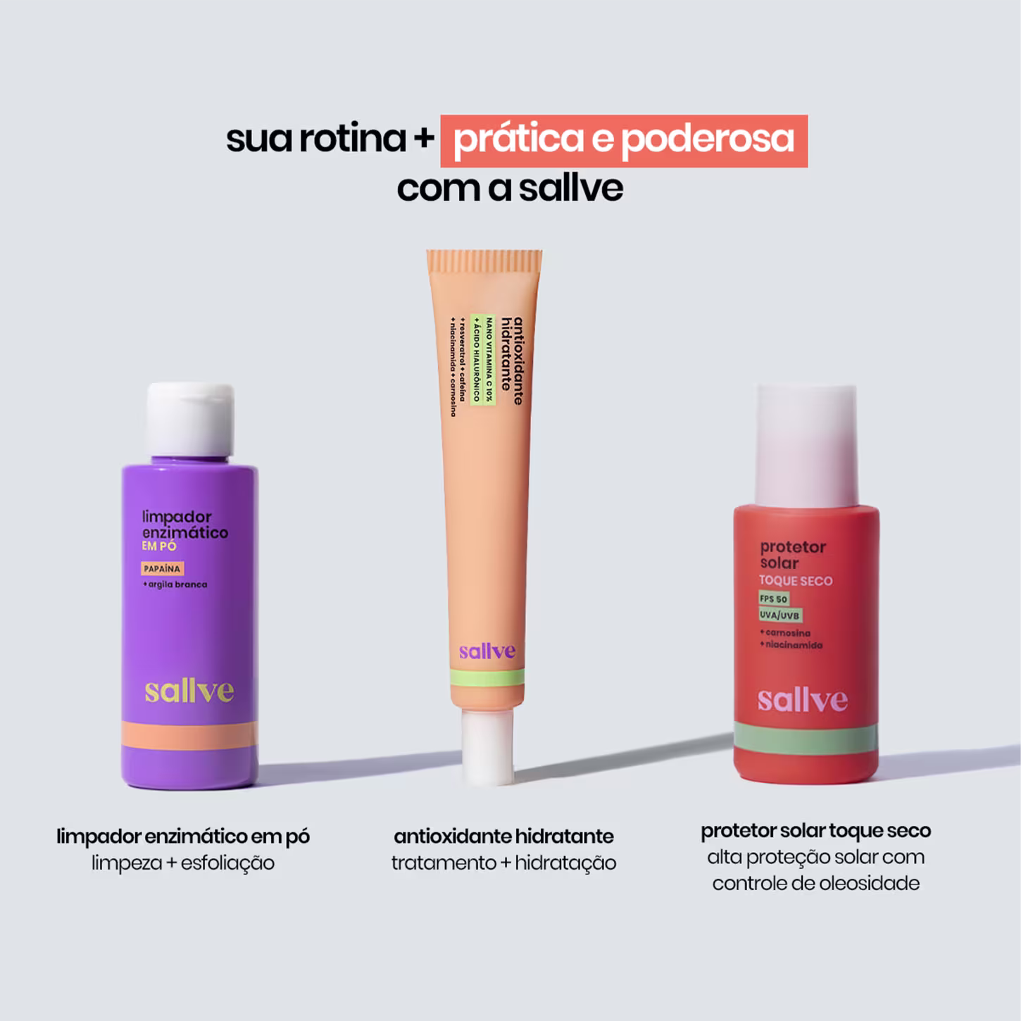 A imagem mostra três produtos de cuidados pessoais da marca Sallve.