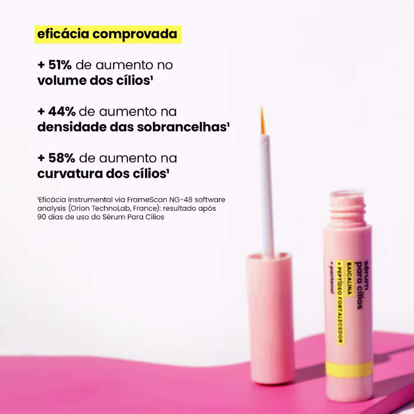 Sérum para cílios Sallve . O texto em amarelo destaca os benefícios comprovados do produto