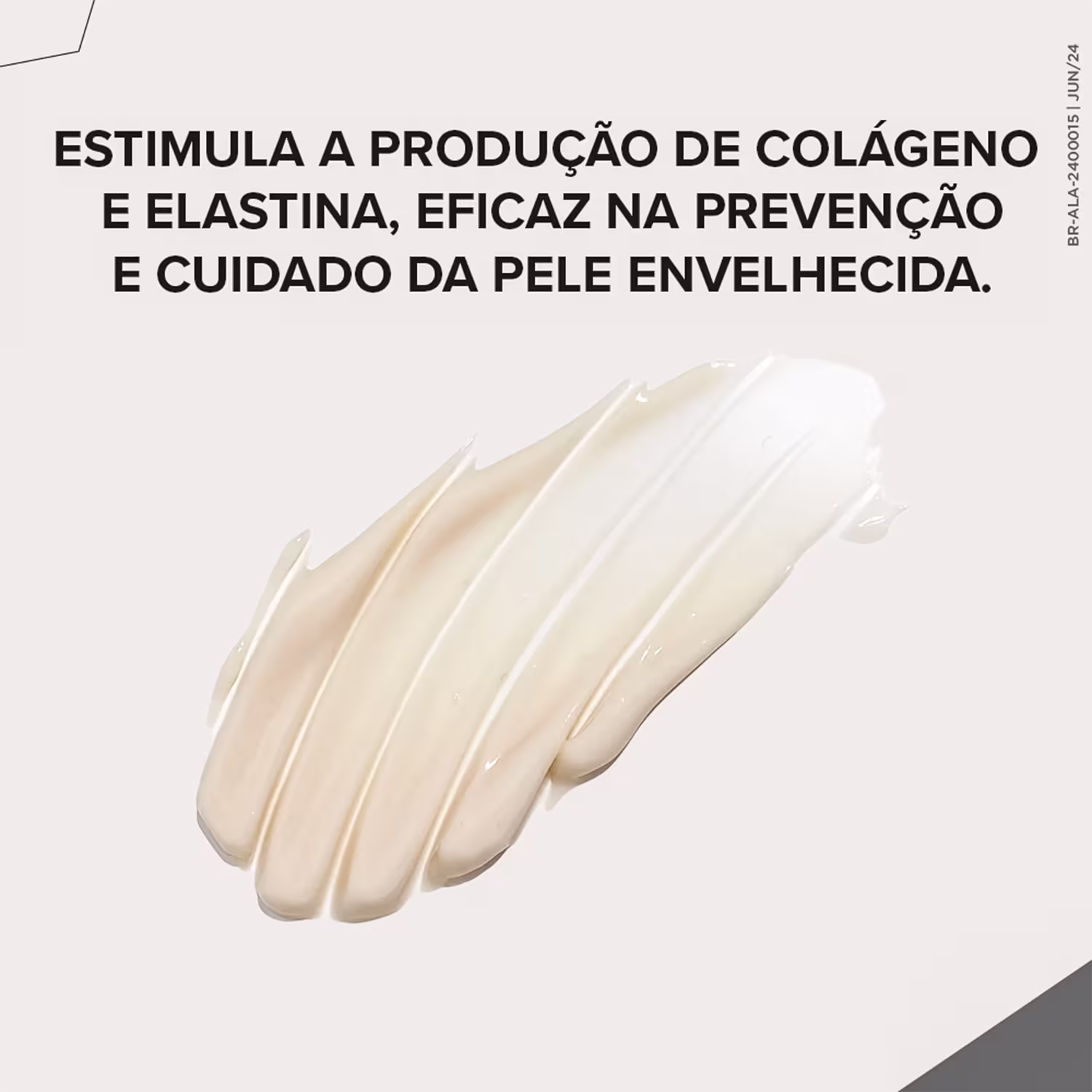 Apresenta uma gota do creme. Acima, o texto em português afirma que o produto estimula a produção de colágeno e elastina, sendo eficaz na prevenção e cuidado da pele envelhecida. Não há embalagem ou frasco visível, apenas a amostra do produto em si.