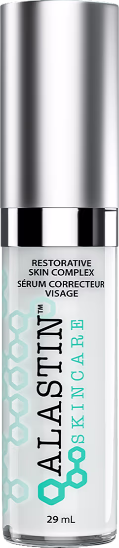 Sérum hidratante Alastin. Frasco cilíndrico de metal prateado com tampa preta. Rótulo na parte inferior com o nome do produto "Restorative Skin Complex" e a descrição "Serum Corrector Visage" (Sérum Corretor Facial) em letras pretas e azuis.