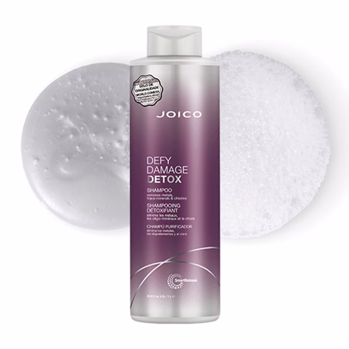 Imagem mostra o shampoo e ao lado amostras de sua textura.